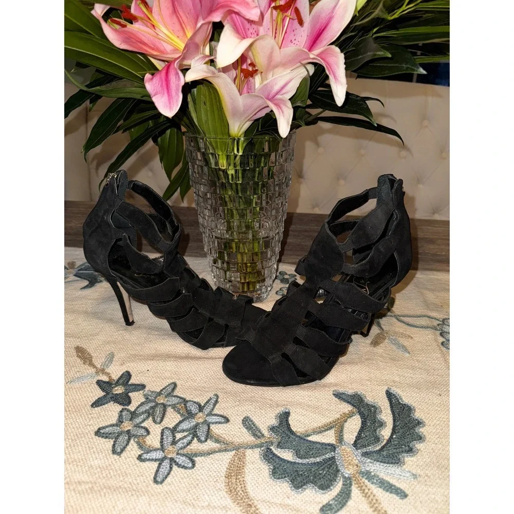Ivanka Trump Black Suede Leather‎ Gladiator Heels Strappy Stiletto 7.5M